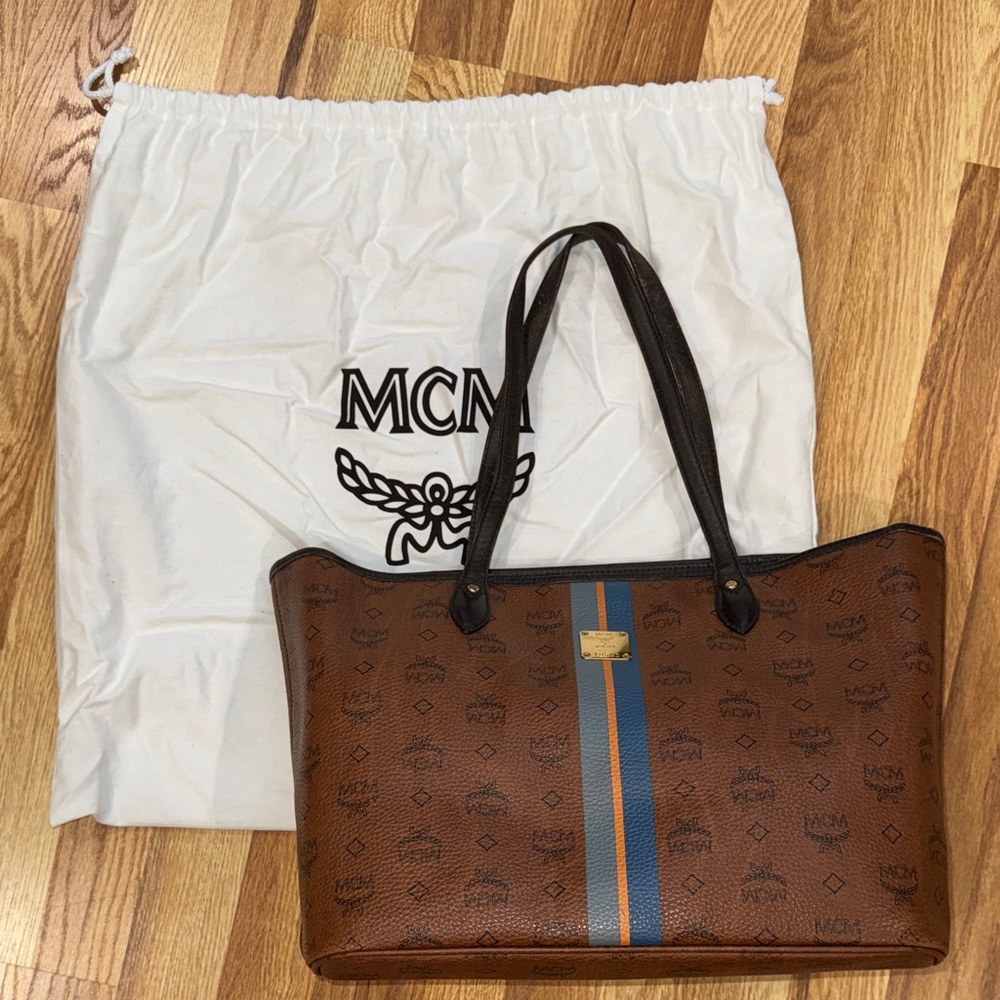 MCM Cognac Tote with Blue and Orange Stripes